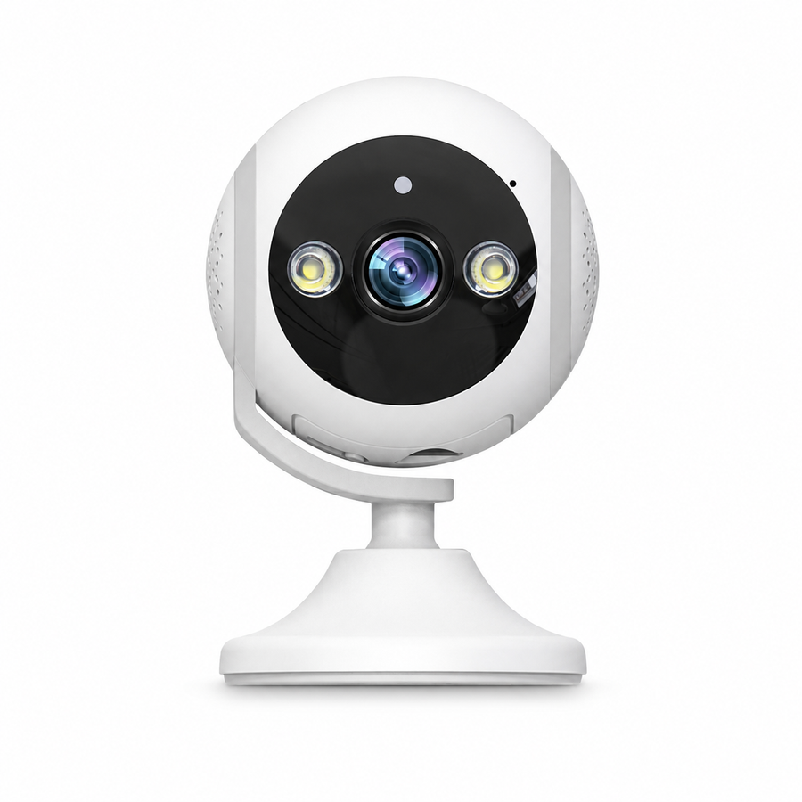 SightSys SHM-M32I310-EL white spherical camera with black front panel and pedestal stand, front view