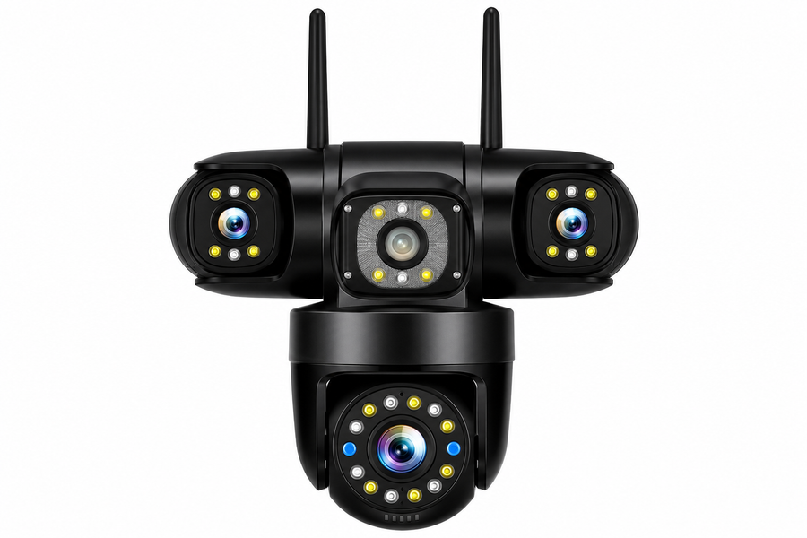 Black camera with two upright antennas, side camera housings and a lower rounded module on white.