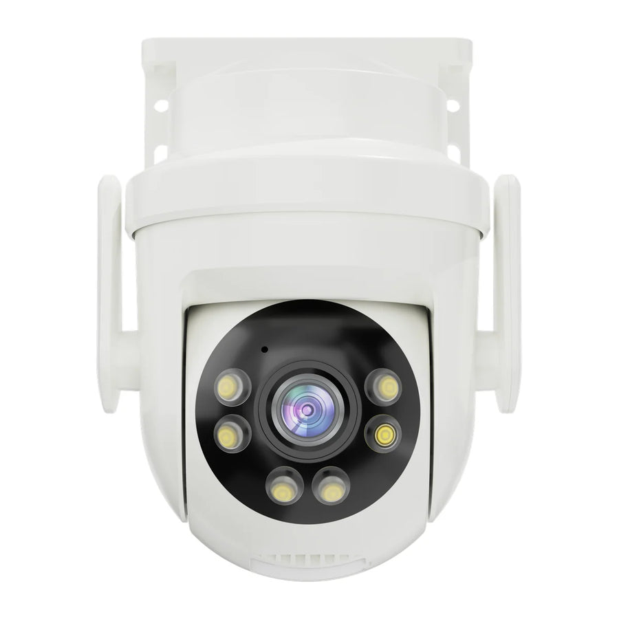 Front view of the white B05 camera with a central lens, six surrounding light elements and two side antennas.