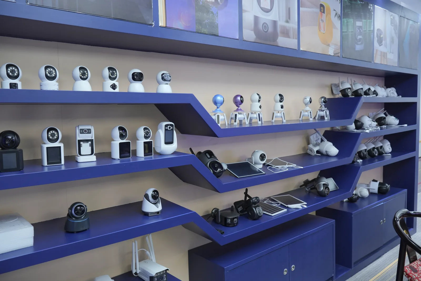 SightSys security camera product showroom with indoor and outdoor camera models